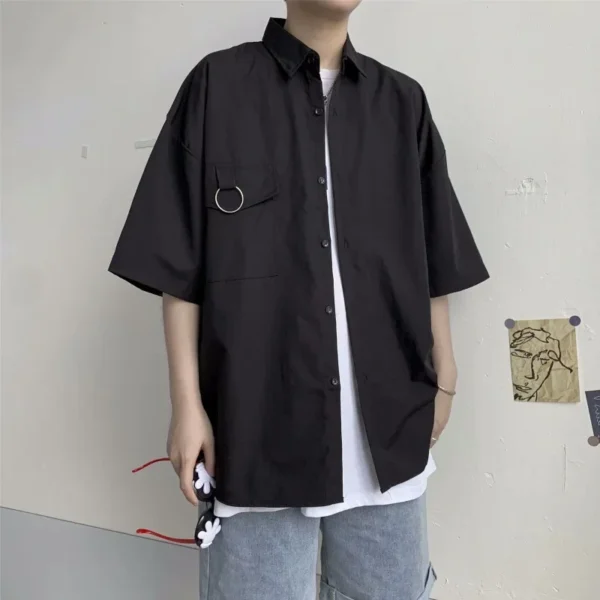 Japanese Style Men's Short Sleeve Casual Shirt Loose Fit Hong Kong Style Punk Rock Workwear Shirt