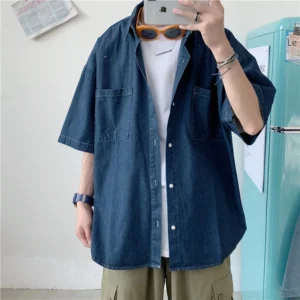 Summer New Loose-fit Denim Men's Shirt Short Sleeves Korean Style Couples Casual Shirt Short Sleeves