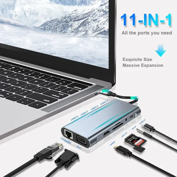 USB C HUB, USB C Adapter 11 in 1 Dongle with 4K HDMI/VGA/Type C PD/RJ45/ SD/TF Card Reader For MacBook Pro/Air M1 iPad - Image 4