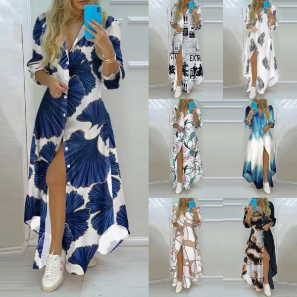 European and American women's digital print irregular hem mid-length blouse dress