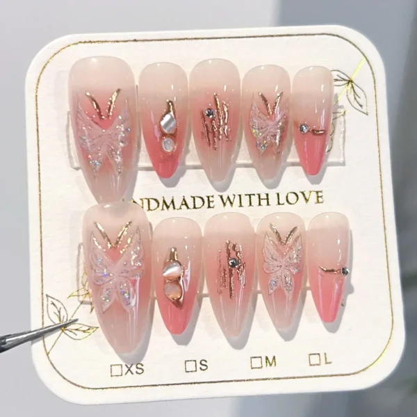 10Pcs Almond Handmade Press on Nails Butterfly Fake Nails Wearable Stick-on Nails False Nail Uñas Postizas Накладные Ногти 네일팁