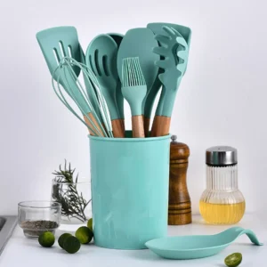 Silicone Cooking Kitchen Utensils Set Bamboo Wooden Handles Cooking Tools