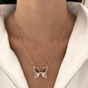 2Pcs/Set Lovers Romantic Magnetic Couple Necklace Micro Zircon Hollow Butterfly Pendant Clavicle Chain Friendship Party Jewelry