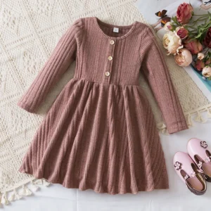 Baby Girl Button Front Solid Rib Knit Long-sleeve Dress Soft and Comfortable Perfect for Outings