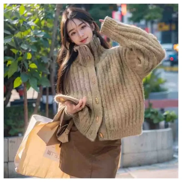 Korean New Cow Horn Button Women Sweater Overcoat Autumn Solid Soft Thick Stand Collar Loose Long Sleeve Knitted Tops 9692