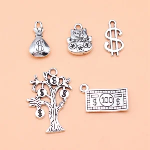 5pcs Antique Silver Color Money Bag Dollar Bill Lucky Cat Money Tree Charms Collection, 5 Styles, 1 of Each