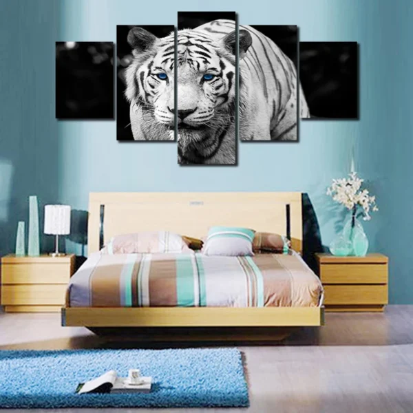 5 Panel Blue-eyed White Tiger Canvas Painting Oil Painting Print On Canvas Home Decor Art Wall Picture For Living Room Unframed - Image 4