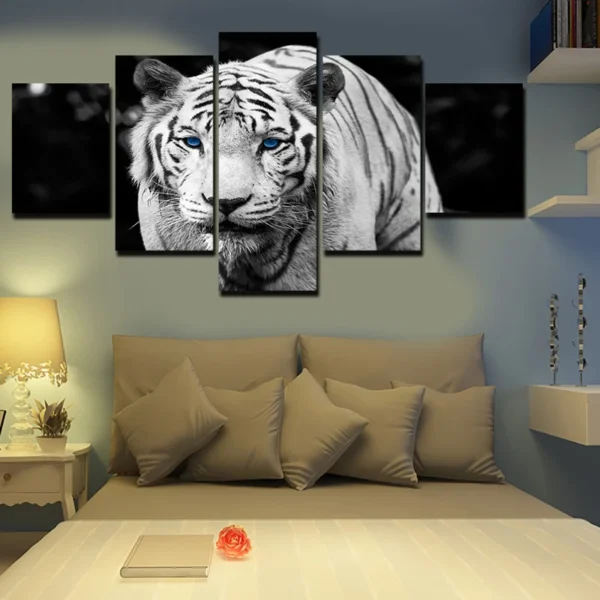 5 Panel Blue-eyed White Tiger Canvas Painting Oil Painting Print On Canvas Home Decor Art Wall Picture For Living Room Unframed