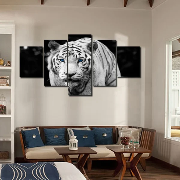 5 Panel Blue-eyed White Tiger Canvas Painting Oil Painting Print On Canvas Home Decor Art Wall Picture For Living Room Unframed - Image 3